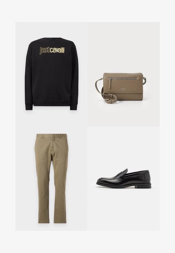 Črn dolg rokav pulover z zlatim napisom "Just Cavalli" čez prsa, z rebrastimi manšetami in robom.; Kaškasti hlače iz mešanice bombaža, s ravnim sprednjim delom, klasičnim krojem, ravnimi nogavicami, zanke za pas in zadrgo.; Črne usnjene loafer čevlje z gladko teksturo, zaobljenim nosom in dekorativnim trakom čez zgornji del. Nizka zložena peta, minimalističen dizajn.; Taupe usnjena torbica čez ramo z zadrgo na sprednjem žepu, nastavljivim trakom, teksturo drobnega špaga in embosiranim logotipom spredaj.