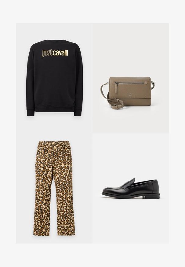 Czarny długi rękaw bluzy z nadrukiem na piersi w kolorze złotym "Just Cavalli", z prążkowanymi mankietami i dołem.; Spodnie w panterkę w odcieniach brązu, czerni i beżu. Posiadają elastyczny pas oraz luźny, prosty krój nogawek. Wykonane z lekkiego materiału.; Czarne skórzane mokasyny o gładkiej fakturze, zaokrąglonym nosku i dekoracyjnym pasku na przodzie. Niski, warstwowy obcas, minimalistyczny design.; Taupe skórzana torebka na ramię z zamkiem błyskawicznym z przodu, regulowanym paskiem, teksturą przypominającą drobne kamyki oraz wytłoczonym logo z przodu.