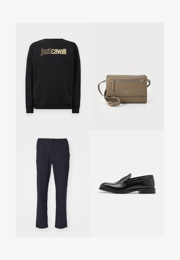 Zwarte sweatshirt met lange mouwen en gouden "Just Cavalli" logo tekst op de borst, met ribgebreide manchetten en zoom.; Marineblauwe rechte broek van gladde stof. Voorzien van een voorknoop, riemlussen en zijzakken. Eenvoudig ontwerp zonder patronen.; Zwarte leren instappers met een gladde textuur, ronde neus en een decoratieve band over de wreef. Lage, gestapelde hak en minimalistisch ontwerp.; Taupe leren schoudertas met een ritsvak aan de voorkant, verstelbare band, geribbeld textuur en een verdiept logo aan de voorkant.