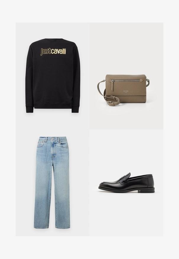 Musthave musta pikkade varrukatega särk, millel on kuldne "Just Cavalli" logo tekst rinnal, ning ribidega mansetid ja ääred.; Heledad sinise värvi sirged teksad kõrgema taljega, millel on viis taskut ja peened kulumisjäljed. Toor lõpp ja kontrastsed õmblused.; Mustad mustad nahast loafers sileda tekstuuriga, ümarat ninaosa ja dekoratiivne riba vampi üle. Madal kihiline konts, minimalistlik disain.; Kohvase naha ületõmmatav kott, millel on lukuga esikott, reguleeritav rihm, kivitextuur ja esiküljel embosseeritud logo.