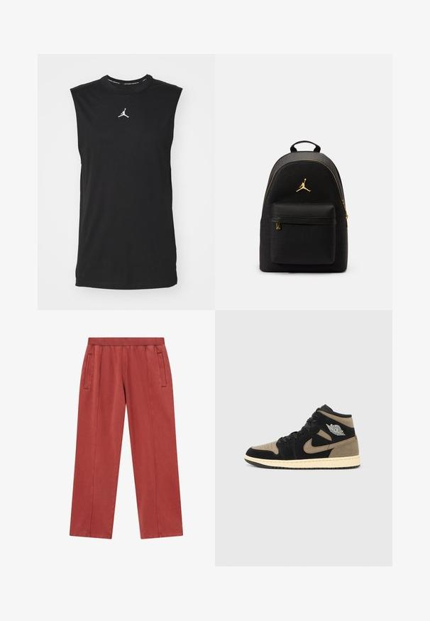 Mustassa pitkähihaisessa collegepaidassa on iso vihreä apila rinnassa ja pieni valkoinen logo oikealla olkapäällä.; Mustapaita ilman hihoja, joka on valmistettu puuvillasta. Ominaisuuksiin kuuluu pyöreä kaula-aukko ja valkoinen Jumpman-logo keskellä. Silkkinen pinta, normaali leikkaus.; Bordeaux-koloriset leveleggsbukser laget av myk stoff, med sidelommer og en teksturert midjebånd for komfort.; Nilkkapituiset tennarit, joissa mustaa ja luonnonsävyistä mokkaa, rei'itetty varvasosa, beige välipohja, mustat nauhat ja hopeanvärinen logo sivussa.; Musta reppu, jossa on teksturoitu pinta ja kohotetut logot, kultainen vetoketju sekä etutasku. Kaareva yläosa ja säädettävät hihnat.; Musta olkalaukku, joka on valmistettu teksturoidusta synteettisestä materiaalista, kultaisella logolla, litteillä kahvoilla ja kiinnitetyllä tarralla.