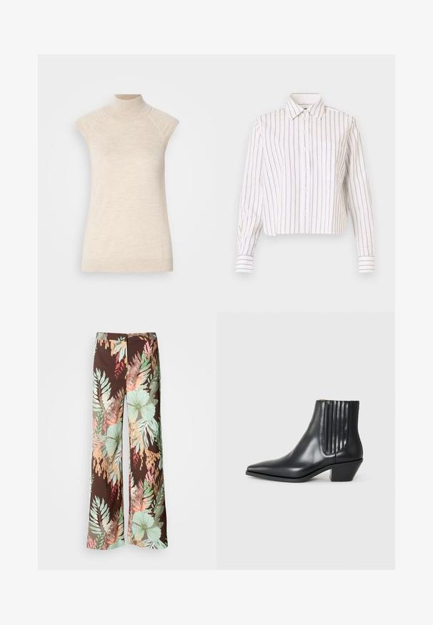 Beige ermeløs topp med høy hals, laget av myk, teksturert stoff. Har raglan-skuldrer og en tettsittende silhuett. Passer godt til lag-på-lag antrekk.; Stripet skjorte i hvit med tynne brune striper. Har en spiss krage, lange ermer og en brystlomme. Kuttet lengde.; Videbukser laget av mørkebrunt stoff med et livlig blomstermotiv og blader i nyanser av grønn, rød og fersken. Mykt, lett materiale.; Sorte skinnankelsko med spiss tå, elastiske sidepaneler med vertikale groper, og en lav blokkhæl. Glatt tekstur og elegant design.
