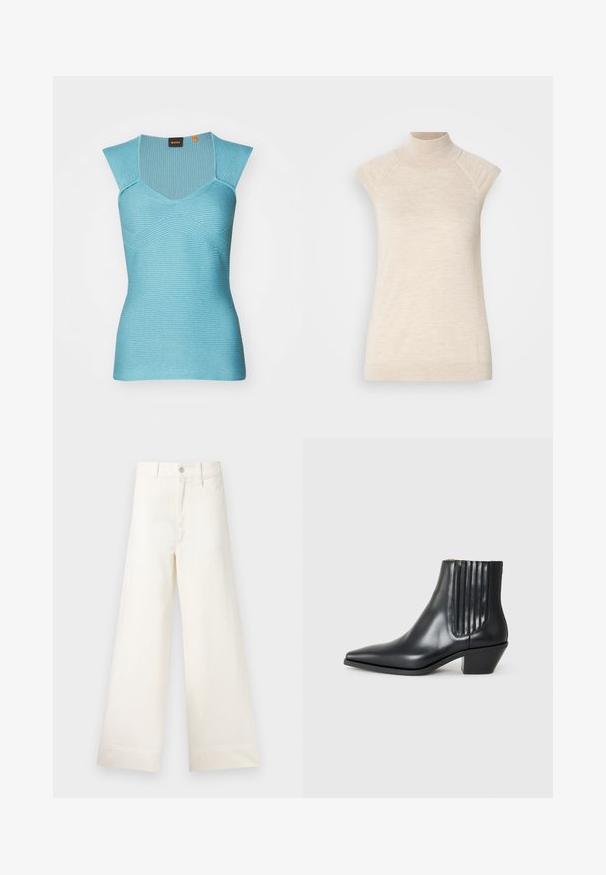 Bež majica brez rokavov z visokim ovratnikom, izdelana iz mehkega, teksturiranega materiala. Ima raglan ramena in prilegan silhueto. Primerna je za večplastne obleke.; Modra rebrasta majica z V-izrezom, širokimi naramnicami in prilegajočim krojem. Ima teksturirane črtice in BOSS logotip etiketo na vratu.; Črtasta srajca z gumbi v beli barvi z dolgimi rjavimi črtami. Ima koničast ovratnik, dolge rokave in žep na prsih. Skrajšana dolžina.; Široke hlače iz svetlo bež bombaža. Imajo visoko pas, sprednje žepke in ravno krojenje. Čist zaključek brez vzorcev.; Črne usnjene gležnjarje s koničastim nosom, elastičnimi stranskimi paneli z navpičnimi utori in nizko blokasto peto. Gladka tekstura in eleganten dizajn.