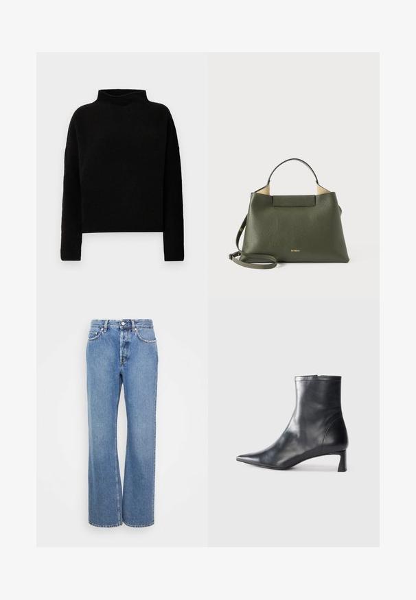 Melnas augstās apkakles džemperis, kas izgatavots no mīkstas auduma, ar garām piedurknēm un brīvu piegriezumu, ar minimālām šuvēm un bez redzamiem rotājumiem.; Gaiši mazgāti augstās jostasvietas džinsi ar taisnu, platāko kāju griezumu. Satur klasisku džinsu dūri un piecas kabatas. Gluda tekstūra.; Melnas ādas potītes zābaki ar norādītu pirkstu un elegantu dizainu. Iezīmē zemu papēdi un rāvējslēdzēja aizdari aizmugurē. Gluda tekstūra.; OLĪVU ZAĻAS ĀDAS ROBA, ar strukturētu dizainu, īsu rokturi un noņemamu garo siksnu; pabeigts ar smalku logotipu priekšpusē.