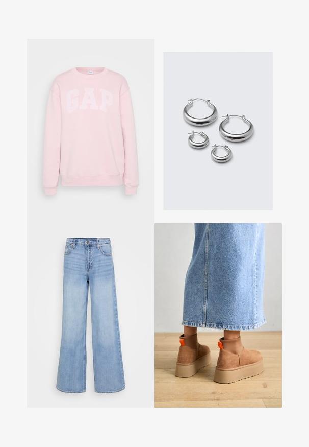 Light pink sweatshirt with white "GAP" text, round neckline, long sleeves, ribbed cuffs, and bottom hem. Soft fabric texture.; Light blue wide-leg jeans made of denim, featuring a high waist, front pockets, and a button closure with copper hardware accents.; Brown suede platform boots with elastic side panels and orange pull tabs, paired with a knee-length light denim skirt on a wooden floor.; Four pairs of silver hoop earrings in varying sizes: large smooth circles and smaller rounded styles with a polished finish and simple clasps.
