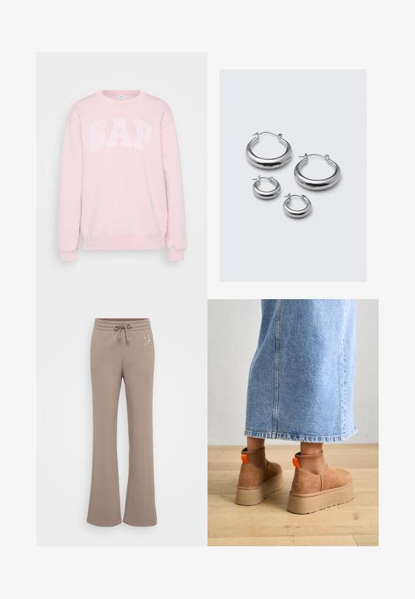 Sudadera de color rosa claro con texto blanco "GAP", cuello redondo, mangas largas, puños de canalé y dobladillo inferior. Textura de tela suave.; Pantalones de chándal de color marrón claro y acampanados, fabricados con una tela suave, que cuentan con una cinturilla elástica con cordón y texto bordado en la cadera izquierda.; Botas de plataforma de ante marrón con paneles laterales elásticos y tiradores naranjas, combinadas con una falda de mezclilla ligera hasta la rodilla sobre un suelo de madera.; Cuatro pares de pendientes de aro de plata de diferentes tamaños: círculos grandes y suaves, y estilos más pequeños y redondeados con un acabado pulido y cierres simples.