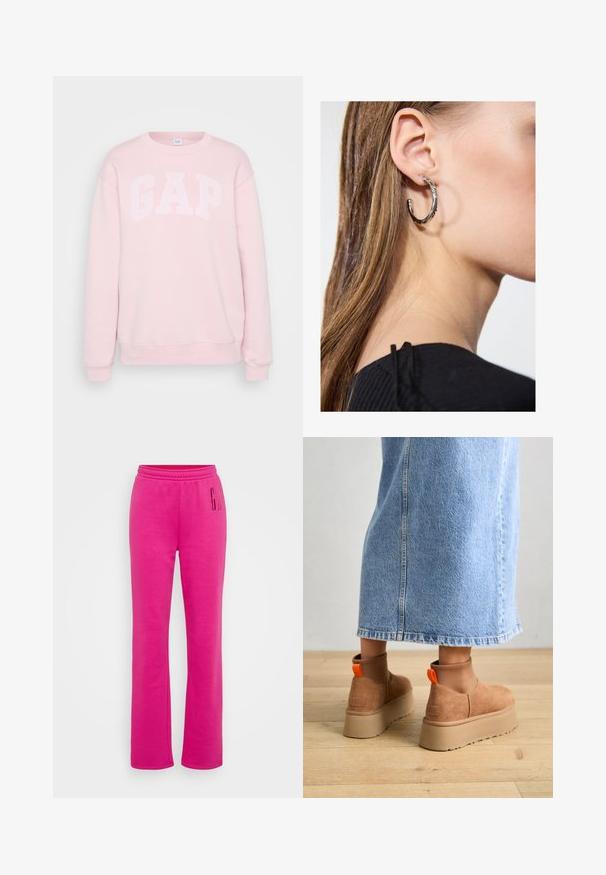 Jasnoróżowa bluza z białym napisem "GAP", okrągły dekolt, długie rękawy, ściągacze na końcach rękawów i dolnym brzegu. Miękka faktura materiału.; Różowe dresy z elastycznym pasem, prostym krojem nogawki i dużym nadrukowanym logo "G" na lewym udzie. Miękka tkanina bawełniana.; Brązowe zamszowe buty na platformie z elastycznymi bokami i pomarańczowymi uchwytami, w połączeniu z jasnoniebieską spódnicą do kolan na drewnianej podłodze.; Srebrny kolczyk w kształcie koła z polerowanym wykończeniem, z małymi złotymi akcentami, noszony na płatku ucha.