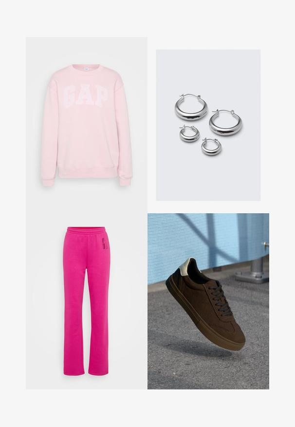 Gaiši rozā džemperis ar baltu "GAP" tekstu, apaļa kakla izgriezums, garas piedurknes, ribota aproce un apakšmala. Mīksta auduma tekstūra.; Rozā sporta bikses ar elastīgu jostasvietu, taisnu kāju griezumu un lielu drukātu "G" logo kreisajā augšstilbā. Mīksts kokvilnas sajaukuma audums.; Brūni zamšādas zemi topi čības ar melnām auklām, ar baltu papēdi un strukturētu šuvju detaļām. Gumijas zole.; Četras sudarbītas sudraba apliņu auskaru pāri dažādos izmēros: lieli gludi apļi un mazākas noapaļotas formas ar pulētu apdari un vienkāršām aizdares.