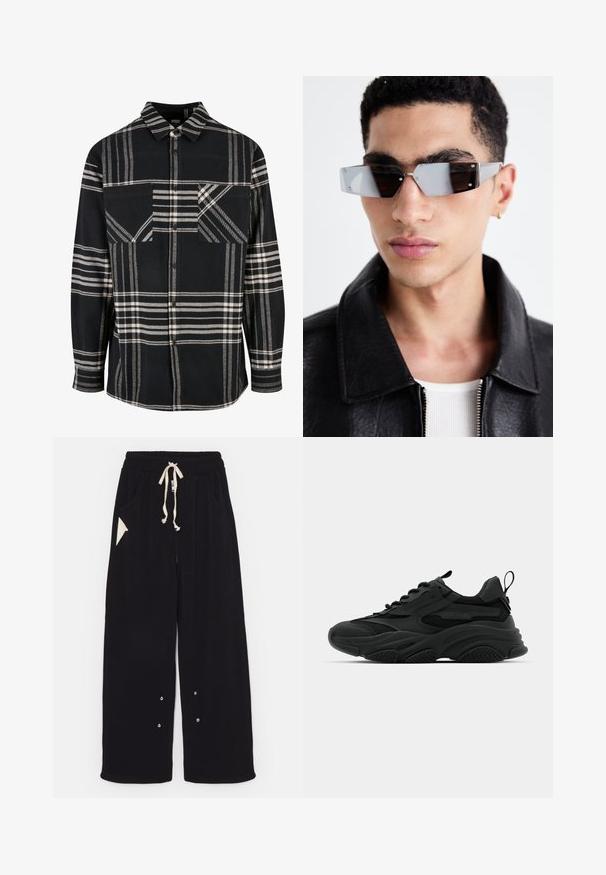 Černá mikina s kapucí a gradient efektem, s přední kapsou, nastavitelnou kapucí na šňůrku a žebrovanými manžetami a lemem. Měkká textilie.; Černobílá kostičkovaná flanelová košile s límečkem, předním zapínáním na knoflíky a dvěma předními kapsami. Má diagonální vzory a texturovanou tkaninu.; Černé široké kalhoty vyrobené z měkké tkaniny, které mají stahovací pas, boční kapsy a trojúhelníkovou kapsu. Součástí jsou detaily ze stříbrného kovu.; Černé sportovní tenisky s masivní podrážkou, síťovanými panely a gumovými detaily. Obsahují poutko na patě a texturované vzory.; Avenované sluneční brýle se šedým nádechem a stříbrnými doplňky, umístěné na světlém pozadí. Skla mají jedinečný geometrický tvar.