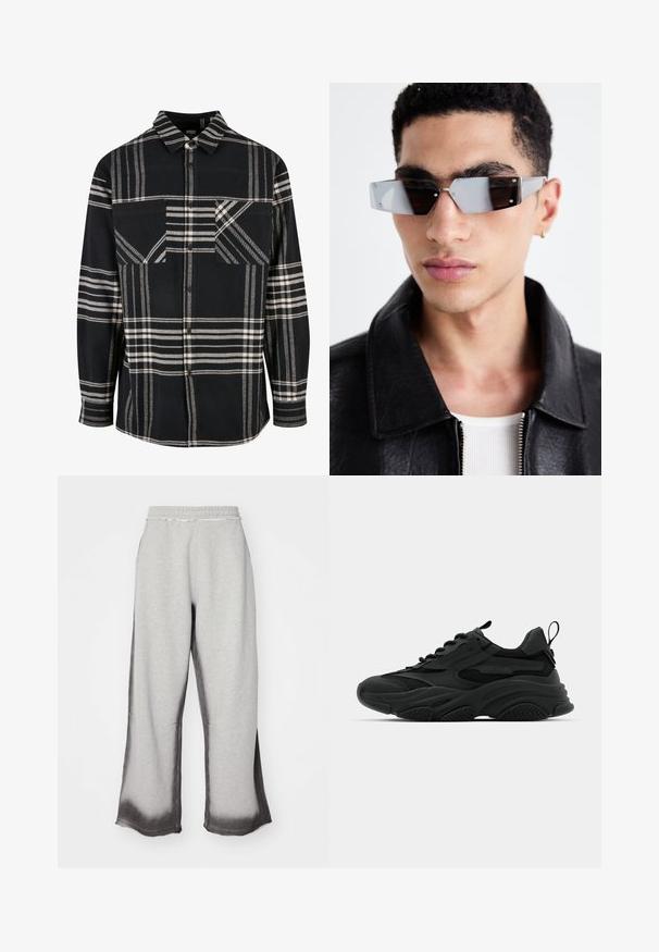 Mustmustäheline kapuutsi särk, millel on gradientefekt, ees tasku, reguleeritav paelakapuuts ja soonikkoes varrukad ning äär. Pehme kangakonstruktsioon.; Mustriga mustvalge flanellist särk krae, nööbiväärde ja kahe esiseguga. Omab diagonaalseid mustreid ja tekstureeritud kangast.; Hallid hallid dressipüksid tekstureeritud viimistlusega, millel on järkjärguline tumsinise halli fade hemmi ääres, elastne vöökoht ja lai jalg.; Mustad musta värvi sportlikud tossud, millel on paks tald, võrkpaneelid ja kummist aktsendid. Omab tõmbeaasat kontsas ja tekstuurilisi mustreid.; Angular hallikatega tumedad prillid hõbedaste detailidega, heleda tausta ees. Prilliklaasid omavad ainulaadset geomeetrilist kuju.