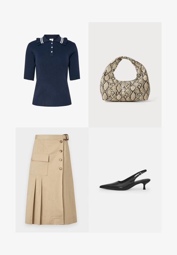 Polo corto a maniche corte di colore blu navy con colletto a strisce bianche, dettagli a ruches sulle spalle e tre bottoni frontali.; Gonna beige lunghezza ginocchio in cotone misto. Caratterizzata da bottoni frontali, una tasca laterale e pieghe per la struttura. Tessuto morbido.; Scarpa slingback nera in pelle con punta affusolata e tacco sottile e curvato. Presenta una discreta fascia regolabile con una fibbia in metallo.; Borsa a stampa rettile con manico curvo. Realizzata in materiali testurizzati beige e marroni, presenta un distintivo motivo a rombi.