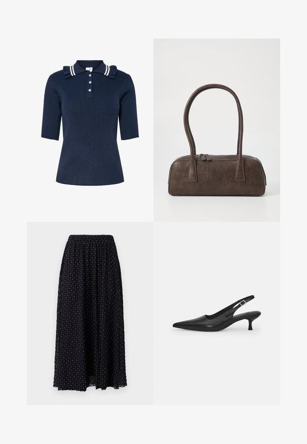 Polo-shirt à manches courtes en marine côtelé avec col à rayures blanches, détails en volants sur les épaules et trois boutons devant.; Jupe maxi noire avec une texture en maille à motif de diamant, taille élastique et légère fronce en haut, avec des accents argentés partout.; Chaussure slingback en cuir noir avec un bout pointu et un talon fin et incurvé. Dispose d'une sangle ajustable discrète avec une boucle en métal.; Sac à main en cuir marron avec deux poignées robustes, de forme rectangulaire, texture lisse et fermeture zippée. Design minimaliste sans motifs visibles.