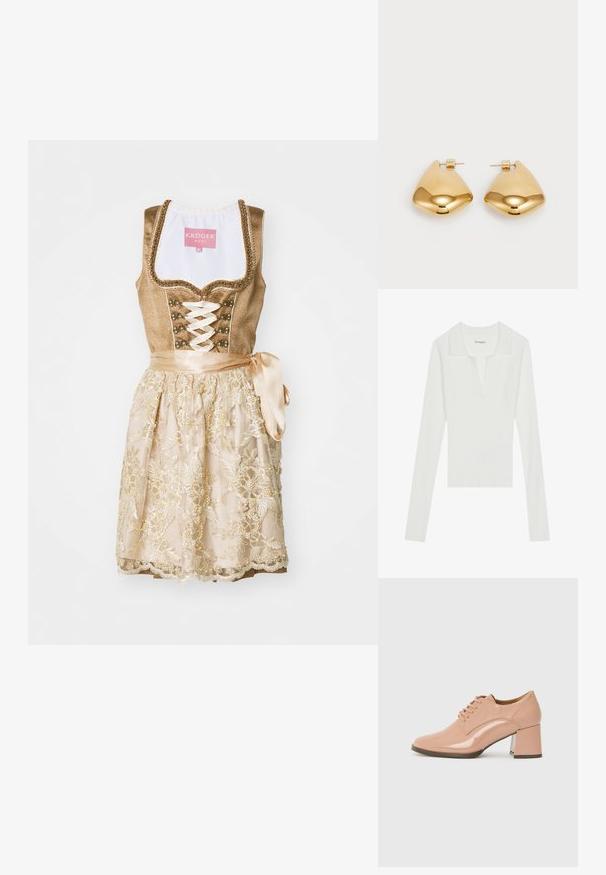 Fehér bordázott, hosszú ujjú póló ing, V-nyakkal és kontrasztos gallérral, szűkített fazonban és puha textúrával.; Barna dirndl ruha, felsőrésze jól illeszkedő, fűzős kivitelű, díszgombokkal, míg az alsó része egy krémszínű szoknya virágmotívumos hímzéssel és szalaggal díszítve.; Rózsaszín lakkbőr fűzős cipő, négyzet alakú sarkal, sima felülettel és letisztult vonalakkal. A sarokmagasság mérsékelt.; Aranyszínű fém fülbevalók sima, lekerekített háromszög alakúak, tűs hátlappal; tükröződő felület minimális díszítéssel.