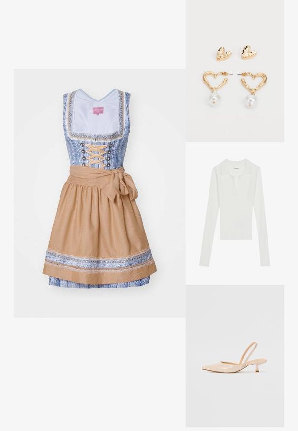 White ribbed long-sleeve polo shirt with a V-neck and contrasting collar, featuring a fitted design and soft texture.; Traditional dirndl with a blue patterned bodice, lace-up front, and a flared beige skirt featuring a bow at the waist and decorative trims.; Beige patent leather slingback heels with pointed toe and a slim, square heel. Smooth texture and minimalist design with no embellishments.; Gold-tone heart-shaped earrings with a textured finish, featuring a hanging pearl accent. Includes matching heart stud earrings.