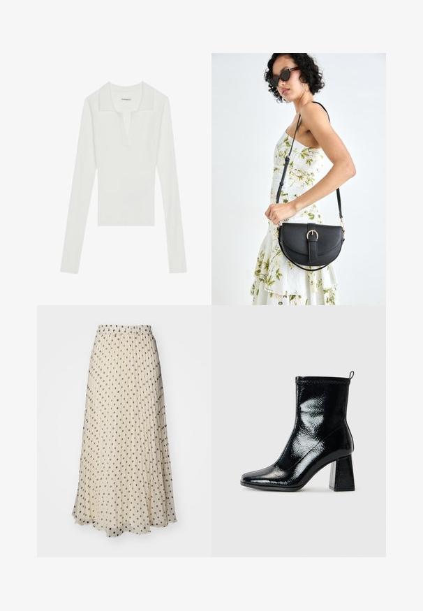 Baltas lygaus audinio ilgomis rankovėmis polo marškinėliai su V formos iškirpte ir kontrastinga apykakle, pasižymintys prigludusiu siluetu ir minkšta tekstūra.; Kreminiu audiniu pagaminta sijonas-maxi su klostėmis, turintis tolygiai išdėstytus tamsius taškus. Elastinė juosmens juosta komfortui ir laisvai krentančiu apvadu.; Juodas patentuotas kulkšninis botą su kvadratiniu pirštu ir stambiu geometriniu kulnu. Pristatomas lygus, blizgus paviršius ir užpakalinė kilpa, skirta patogiam apsiaustimui.; Juodas odinis krepšys su išlenkta forma, nuimamu dirželiu ir auksiniais detalėmis. Krepšys turi kilpą su sagtimi.