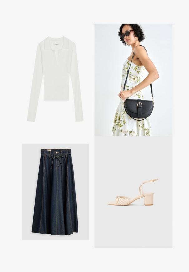 Camisa polo de manga larga blanca con cuello en V y cuello en contraste, que presenta un diseño ajustado y una textura suave.; Levi's® XL SKIRT - Falda vaquera - square circle; Sandalia de tacón con tiras en color beige, punta cuadrada, diseño frontal retorcido, correa en el tobillo y tacón cuadrado. Textura suave, estilo minimalista.; Bolso de piel negra con forma curva, correa desmontable y herrajes dorados. El bolso cuenta con una solapa con un detalle de hebilla.