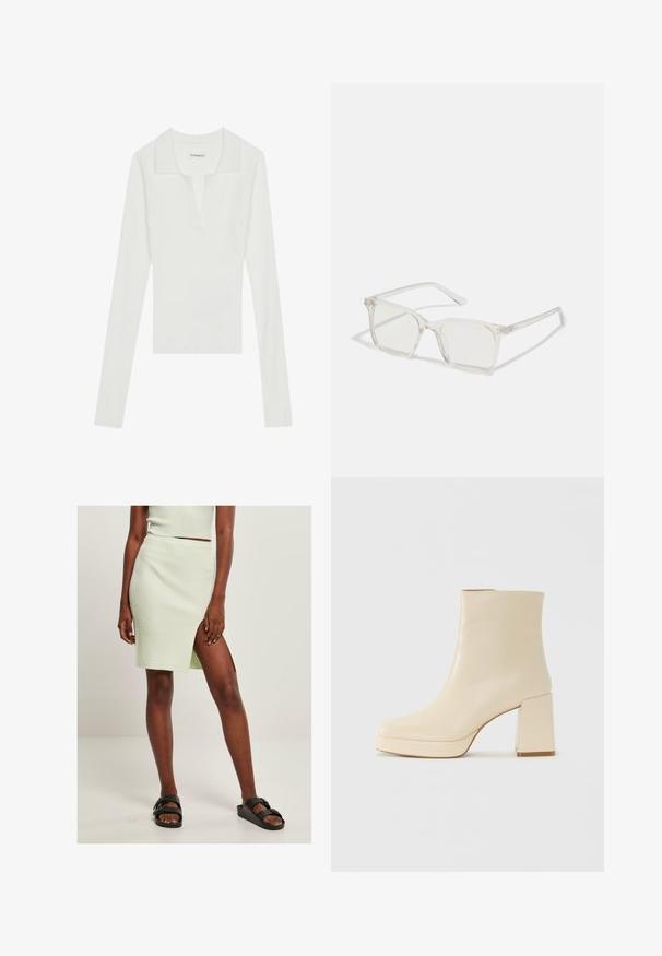 Witte geribbelde lange mouwen polo met V-hals en contrasterende kraag, met een getailleerd ontwerp en zachte textuur.; Lichtgroene geribde gebreide rok met een hoge split tot de bovenbeen, gecombineerd met zwarte sliders. Eenvoudig, aansluitend ontwerp benadrukt de textuur en kleur.; Beige leren enkelboot met blokhak en plateauzool, gladde afwerking en licht vierkante neus, gericht naar links op een witte achtergrond.; Heldere plastic vierkante monturen met doorzichtige glazen, gekenmerkt door gouden accenten op de slapen voor extra detail.