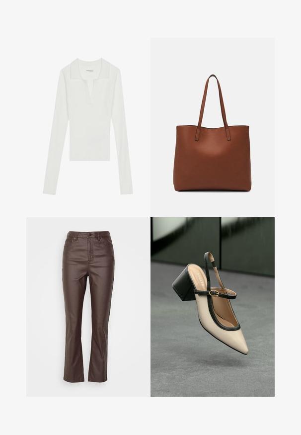 Camisa polo de manga larga blanca con cuello en V y cuello en contraste, que presenta un diseño ajustado y una textura suave.; Pantalones de cuero sintético marrón con un diseño de pierna recta, que cuentan con cinco bolsillos, un cierre frontal con botón y costuras visibles.; Zapato slingback de punta beige con ribete negro, hebilla dorada y un tacón cuadrado grueso sobre un suelo gris con fondo verde oscuro.; Bolso tote de cuero marrón con una textura suave, diseño de apertura superior y dos correas para el hombro. Presenta una costura mínima y sin herrajes visibles.