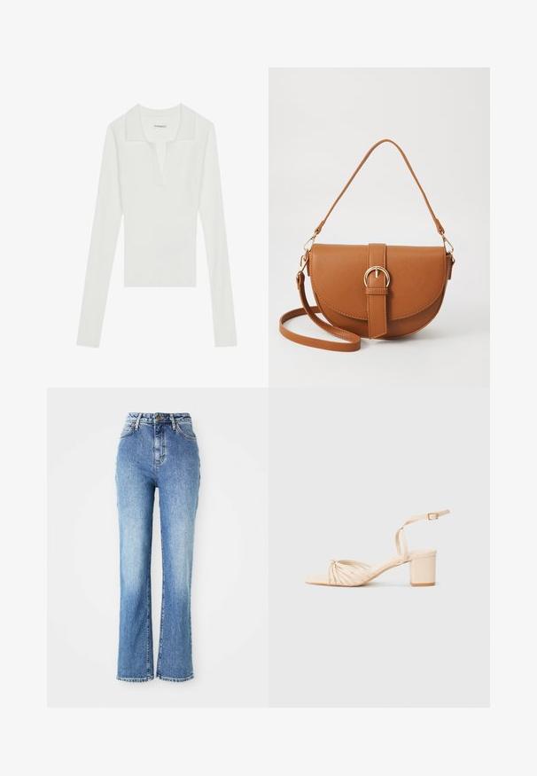 Balta ribota garām piedurknēm polo krekls ar V veida dekoltē un kontrastējošu apkakli, ar pieguļošu dizainu un mīkstu tekstūru.; Augsti jostas zili džinsi ar platām kājām, ar gaišu mazgāšanu, maigu nodilumu un saplēstiem apakšmalēm, bagātināti ar klasiskām šuvju detaļām.; Bežīgas sandales ar papēdi, ar kvadrātveida purngalu, savītu priekšējo dizainu, potītes siksniņu un blokveida papēdi. Gluda faktūra, minimālisma stils.; Brūns ādas plecu soma ar izliekta formu, zelta piederumiem un sprādzes akcentu. Iesaiņota ar noņemamu plecu siksnu.