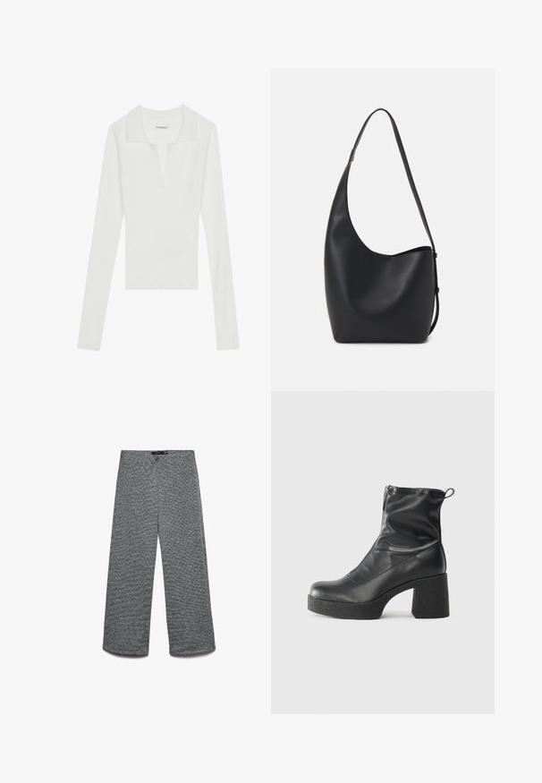 Valkoinen ribattu pitkähihainen poolopaita, jossa on V-kaula-aukko ja kontrastivärinen kaulus. Paidassa on kapea malli ja pehmeä rakenne.; Leveälahkeiset housut teksturoidusta harmaasta neuloskankaasta. Ominaisuuksia ovat korkea vyötärönauha ja suorat lahkeet, jotka tarjoavat rentoutuneen istuvuuden kauttaaltaan.; Mustat nilkkurit, jotka on valmistettu sileästä nahasta. Niissä on sivuvetoketju, paksu teksturoitu korko ja pyöristetty kärki.; Musta nahkainen hobo-laukku, jossa on sileä pinta, kaareva muoto ja yksi säädettävä olkahihna; sisäänkäynti on leveä ylhäältä.