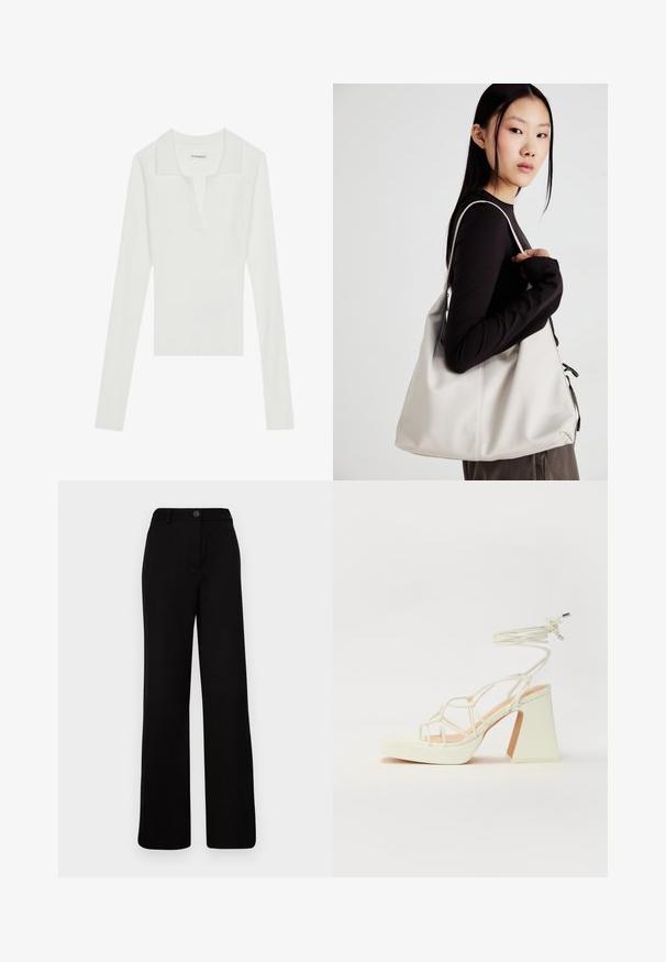 Vit ribbad långärmad polo med V-hals och kontrasterande krage, med en figursydd design och mjuk textur.; Svarta vida byxor med rak framsida, knappstängning och strukturerad midja. Tillverkade av en slät tyg med skräddarsydd design.; Vit högklackad sandal med en kraftig klack, med ett remdesign och ankelband. Slät textur med en plattform framtill för ökad höjd.; Beige handväska tillverkad av mjukt material, med en avslappnad design, sydda detaljer och två axelremmar. Lämplig för dagligt bruk.