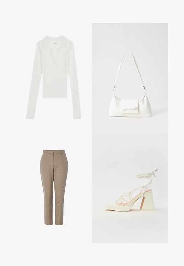 Witte geribbelde lange mouwen polo met V-hals en contrasterende kraag, met een getailleerd ontwerp en zachte textuur.; Beige op maat gemaakte broeken met een gestructureerde afwerking, rechte pijpen en een middelhoge tailleband. Geen zichtbare zakken of versieringen.; Witte hoge hakken sandaal met een chunky hak, met een bandjesontwerp en enkelband. Gladde textuur met een plateau voor extra hoogte.; Witte synthetische handtas met een driehoekige vorm, platte voorklep en strikdetail, verstelbare schouderriem, gladde textuur en minimalistisch ontwerp.