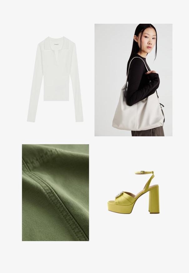 Fehér bordázott, hosszú ujjú póló ing, V-nyakkal és kontrasztos gallérral, szűkített fazonban és puha textúrával.; Next Farmer rövidnadrágok - khaki green; Sárga selyem platform szandál széles sarokkal, díszes kristály akcentussal és állítható bokapánttal. Simás textúra.; Puha anyagból készült bézs kézitáska, laza dizájnnal, varrott részletekkel és két vállpánttal. Mindennapi használatra alkalmas.