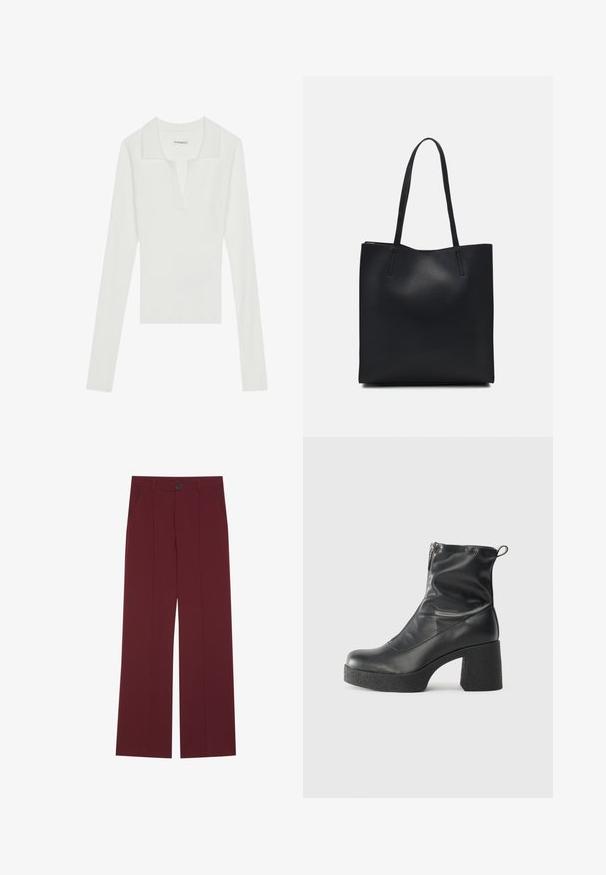 Valge ribaga pika varrukaga polo särk V-kaelusega ja kontrastse kraega, mis omab vormitud lõiget ja pehmet tekstuuri.; Burgundi värvi laiad jalad püksid, nupuga kinnitamine, kaks külgtaskut ja kortsus esiosa. Sile kangatekstuur.; Mustad mustad ansapüksid, mis on valmistatud siledast nahast, külje zipperiga, paksu tekstuuriga kontsaga ja ümmarguse nina disainiga.; Mustast nahast kott sujuva tekstuuriga, ristkülikukujuline ja kahe pika sangaga. Pole nähtavat riistvara ega kaunistusi.