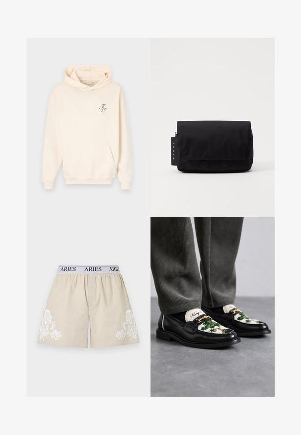 Kreemivärvi kapuutsiga pusa, millel on eesmine tasku, nööriga kapuuts ja väike roheline graafiline logo vasakul rinnal. Pehme kangast tekstuur.; Beezid puuvillased lühikesed püksid, millel on valge lilleline tikand ühel küljel. Elastne vöökoht, millel on must kiri "ARIES" valgel ribal.; Mustad mustad nahast loaferid, mille ülemine osa on kaunistatud rohelise ja valge kangaga. Omab kuldset ahela aksessuaari ja tekstuurset musta tallaga.; Musternägune must messenger-kott. Omab klappkinnitust, millel on kaks ümmargust nuppu, tõmblukuga taskut ja sildi brändi nimega.