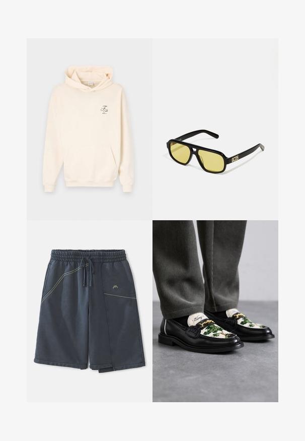 Crème-kleurige hoodie met een voorvak, een capuchon met koord en een klein groen grafisch logo op de linkerborst. Zachte stofstructuur.; Donkergrijze shorts van een katoenmix, met een elastische tailleband, koord, zijzakken en gele stikaccenten.; Zwarte lederen instappers met een decoratieve groene en witte textielen bovenkant. Voorzien van een gouden kettingaccent en een gestructureerde zwarte zool.; GCDS UNISEX - Zonnebril - shiny black