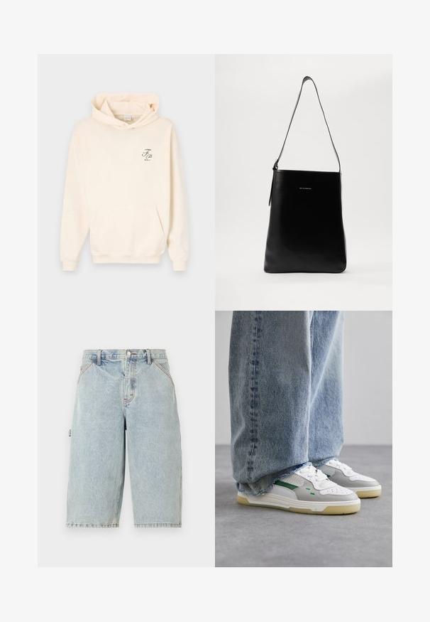 Kremowy hoodie z kieszenią na przodzie, kapturem ze sznurkiem oraz małym zielonym logo graficznym na lewej piersi. Miękka tekstura materiału.; Noon Goons - Szorty jeansowe; Białe i szare sneakersy z zielonymi akcentami, z siateczkową cholewką i gumową podeszwą, w połączeniu z niebieskimi dżinsami o postrzępionych końcówkach.; Czarna skórzana torba na ramię o gładkiej fakturze, prostokątnym kształcie i długim pasku; posiada małe białe logo na środku.