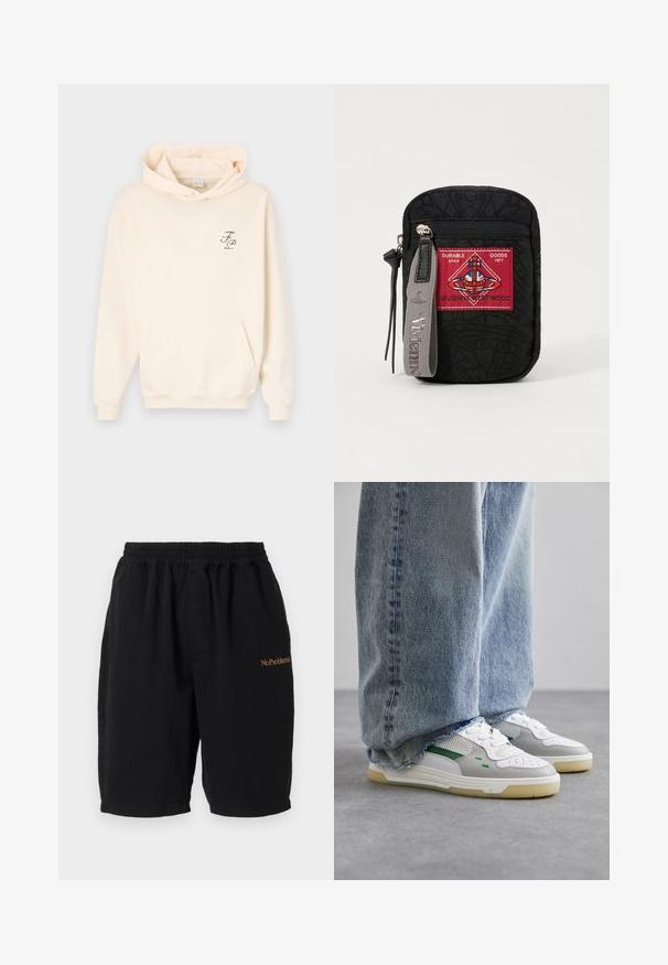 Felpa color crema con tasca frontale, cappuccio regolabile con cordino e un piccolo logo grafico verde sul lato sinistro del petto. Tessuto morbido.; Shorts neri in cotone con elastico in vita, taglio dritto e tasche laterali. Presentano la scritta "No Problemo" ricamata in arancione sul davanti.; Sneakers bianchi e grigi con accenti verdi, dotati di una tomaia in rete e suola in gomma, abbinati a jeans in denim blu con orli sfilacciati.; Custodia nera in tessuto testurizzato, con una toppa rossa con logo, chiusura con zip e una tracolla grigia con nome del marchio in rilievo.