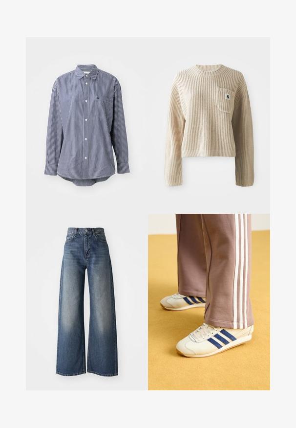 Maglione beige a coste con scollatura rotonda, maniche lunghe e tasca sul petto con etichetta del logo. Tessuto in maglia testurizzata.; Maglietta a righe blu navy e bianca a maniche lunghe con collo classico, taschino frontale e chiusura a bottone. Tessuto morbido con una texture liscia.; Jeans ampi a vita alta blu con bottone frontale e tasche, texture sbiadita sulle cosce e orlo dritto.; Sneakers crema con strisce in suede blu, lacci bianchi e suola in gomma. Abbinati a pantaloni sportivi grigi con strisce laterali bianche.