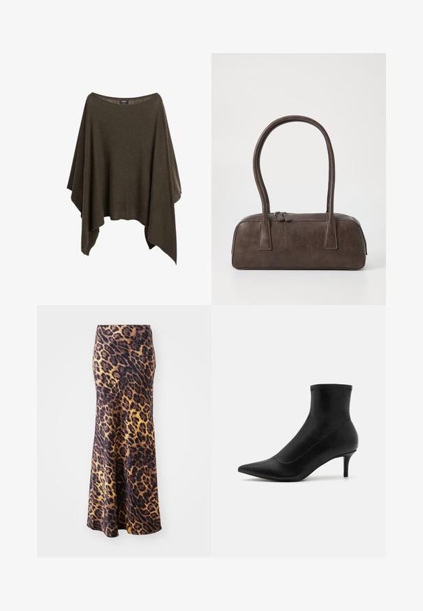 Oliwkowy poncho wykonane z miękkiego materiału, z szerokim dekoltem, luźnym krojem i asymetrycznym hemem, które zapewnia swobodny krój.; Spódnica maxi w panterkę, wykonana z gładkiego materiału; dopasowana w talii, lekko rozszerza się ku dołowi, z wyrazistymi brązowymi i beżowymi wzorami.; Czarne botki za kostkę wykonane z gładkiej skóry, z klapką w kształcie spiczastym i krótkim, cienkim obcasem. Posiadają bezszwowy design i subtelne akcenty w postaci przeszyć.; Brązowa skórzana torebka na ramię z dwoma solidnymi uchwytami, prostokątny kształt, gładka faktura i zamek błyskawiczny. Minimalistyczny design bez widocznych wzorów.; Srebrne kolczyki w formie kółek o gładkim, polerowanym wykończeniu. O okrągłym kształcie i pewnym zapięciu na klik. Lekka konstrukcja odpowiednia do codziennego noszenia.