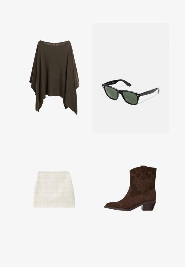 Olivengrøn poncho lavet af blødt stof, med en bred halsudskæring, løs pasform og asymmetrisk kant for et afslappet fald.; Mørkegrøn, ribbet T-shirt med korte ærmer, rund halsudskæring og en fem-knap plade ned foran. Blød tekstur og minimalistisk design.; Hvid struktureret mini nederdel med et vævet mønster og lige silhuet. Stof har en subtil glans og et struktureret udseende.; Brune ruskinds cowboystøvle med spids tå, dekorative syninger, ankelhøjde og en stablet hæl. Har en pull tab for nem påtagning.; Sorte plastiksolkaber med grønne linser, firkantede stel, sølvaccent på brynene og teksturerede templede arme. Angivet mærke på den indre arm.; Brun lædertaske med to robuste håndtag, rektangulær form, glat tekstur og lynlås lukning. Minimalistisk design uden synlige mønstre.