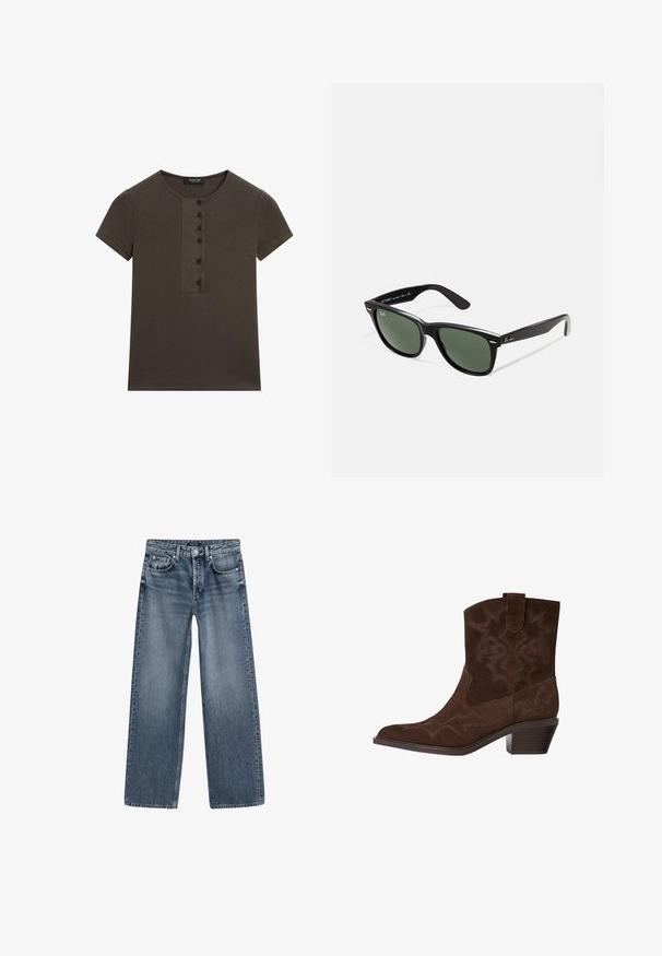 Olivengrøn poncho lavet af blødt stof, med en bred halsudskæring, løs pasform og asymmetrisk kant for et afslappet fald.; Mørkegrøn, ribbet T-shirt med korte ærmer, rund halsudskæring og en fem-knap plade ned foran. Blød tekstur og minimalistisk design.; Højtaljede brede ben jeans i mellemblå denim med en falmet finish, fem lomme-design og sølvfarvet knaplukning.; Brune ruskinds cowboystøvle med spids tå, dekorative syninger, ankelhøjde og en stablet hæl. Har en pull tab for nem påtagning.; Sorte plastiksolkaber med grønne linser, firkantede stel, sølvaccent på brynene og teksturerede templede arme. Angivet mærke på den indre arm.