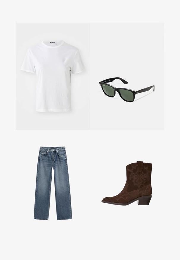 Olivengrüner Poncho aus weichem Stoff, mit weitem Ausschnitt, lockerer Passform und asymmetrischem Saum für einen entspannten Fall.; Weißes T-Shirt mit kurzen Ärmeln aus weichem Material. Hat einen runden Halsausschnitt und einen geraden Schnitt, mit einem Etikett am inneren Kragen.; Hochtaillierte, weite Jeans aus mittlerem blauen Denim mit einem verblassten Finish, Fünf-Taschen-Design und silberfarbener Knopfverschluss.; Braune Wildleder-Cowboy-Stiefel mit spitzem Zeh, dekorativen Stickmustern, Knöchelhöhe und gestapeltem Absatz. Mit einer Zuglasche für einfaches An- und Ausziehen.; Schwarze Plastiksonnenbrille mit grünen Gläsern, quadratischen Rahmen, silbernem Akzent auf der Augenbraue und strukturierten Bügeln. Angegebene Marke auf dem inneren Bügel.; Braune Lederhandtasche mit zwei stabilen Griffen, rechteckiger Form, glatter Oberfläche und Reißverschluss. Minimalistisches Design ohne sichtbare Muster.