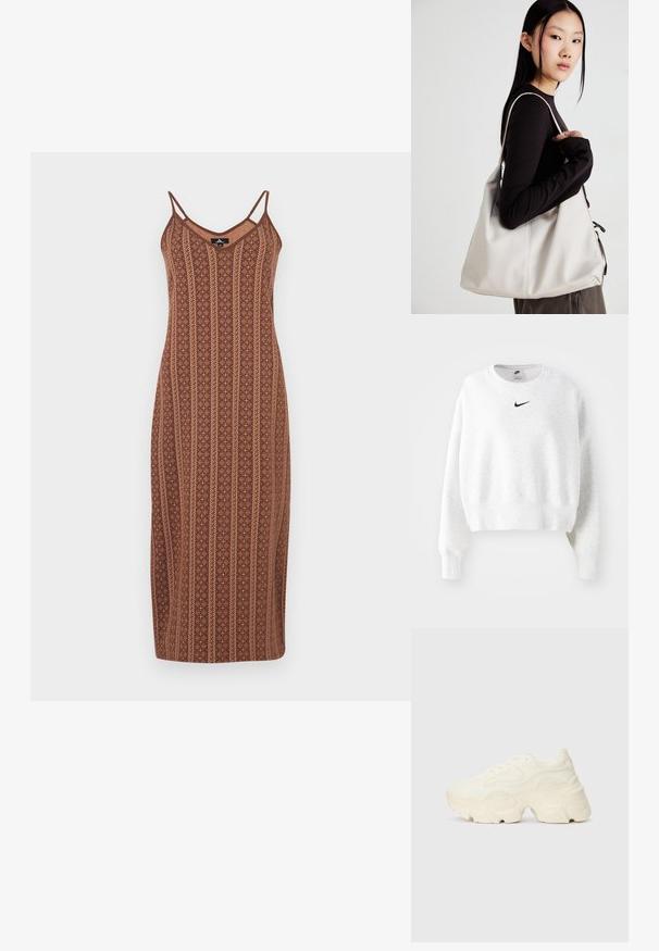 Hanorac gri deschis, confecționat dintr-un material moale, cu guler rotund, mâneci lungi și un logo Nike negru pe piept. Design scurt.; Rochie midi maro, cu model, cu bretele subțiri, decolteu în V și dungi verticale; țesătură texturată cu motive florale și detalii contrastante.; Tenisi albi voluminoși, fabricați din plasă texturată și materiale sintetice, cu o talpă groasă și detalii de model intricate pe laturi.; Geantă bej din material moale, cu un design lejer, detalii cusute și două bretele pentru umăr. Potrivită pentru utilizarea zilnică.