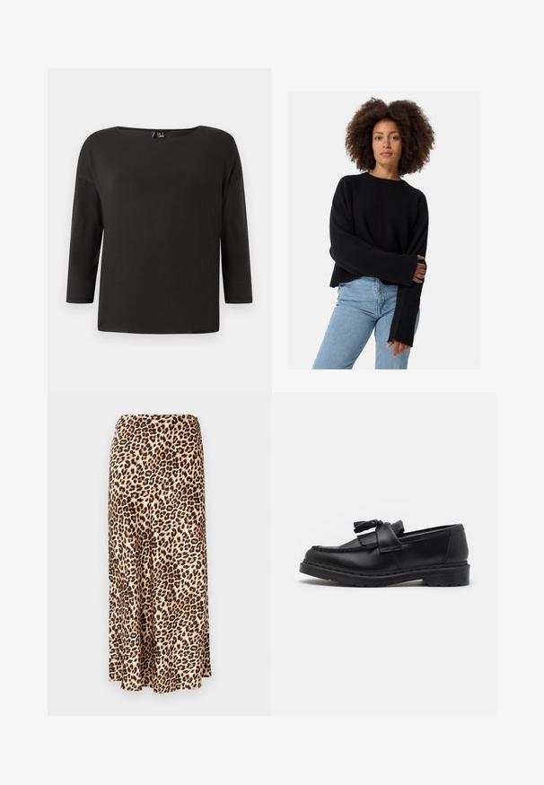 Maglione nero a maglia con tessuto testurizzato, vestibilità comoda e maniche ampie, abbinato a jeans azzurri chiari.; Top nero a maniche lunghe con scollo rotondo ampio e vestibilità morbida; realizzato in tessuto leggero e liscio, presenta dettagli minimi e nessuna cucitura visibile.; Gonna lunga con stampa leopardata realizzata in tessuto liscio. Base beige con macchie nere e marroni. Design svasato con orlo dritto.; Mocassino in pelle nera con dettagli a frangia, cuciture lungo il bordo e una suola in gomma spessa per una maggiore durata.