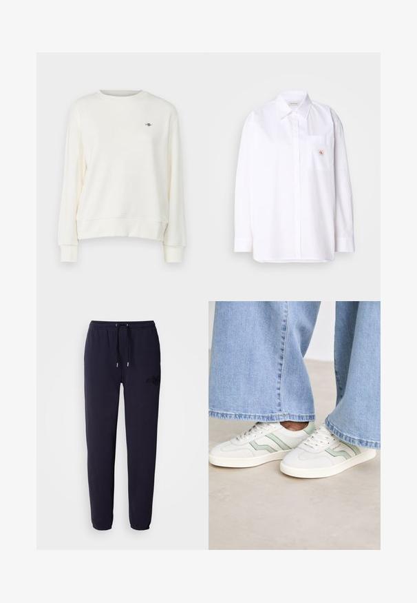 Krémová mikina s kulatým výstřihem, dlouhými rukávy a jemným logem na hrudi. Měkká, hladká textilie.; Bílá bavlněná košile s knoflíky a dlouhými rukávy, s kapsou na hrudi a malou nášivkou CK na kapse. Hladká textura a priléhavý střih.; Námořnické modré tepláky vyrobené z měkké látky, s elastickým pasem se šňůrkou a vyšitým logem na jedné nohavici.; Bílé tenisky s světle zelenými akcenty, texturovaná kůže a ploché gumové podrážky. Spárované s širokými džínovými kalhotami.