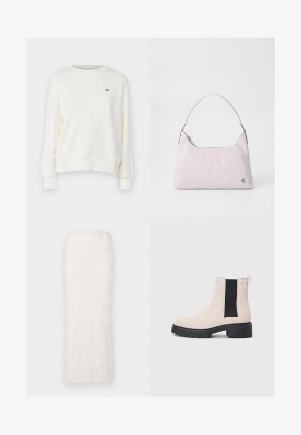 Sweatshirt i cremefarvet med rund hals, lange ærmer og en diskret logoaccent på brystet. Blødt, glat stof.; Hvid knælang nederdel lavet af struktureret stof, med et broderet mønster og subtile frynser. Lige snit og sømløs taljebil.; Beige ruskind Chelsea-støvle med sort elastisk sidepanel, chunky sort sål og hæftetap ved anklen.; Lyserød nylon skuldertaske med et buet håndtag, lynlåslukning i toppen, sølvhardware og et lille logo på siden.