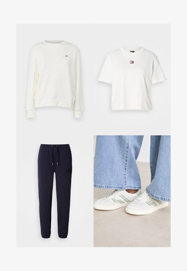 Sweatshirt i cremefarvet med rund hals, lange ærmer og en diskret logoaccent på brystet. Blødt, glat stof.; Hvid bomulds-t-shirt med rund halsudskæring og korte ærmer. Funktioner et lille farvet logo-patch med røde, blå og hvide accenter på brystet.; Mørkeblå sweatpants lavet af blødt stof, med en elastisk talje og snøre, samt et broderet logo på det ene ben.; Hvide sneakers med lysegrønne accenter, tekstureret læder og flade gummisåler. Parret med bredbenede denimbukser.