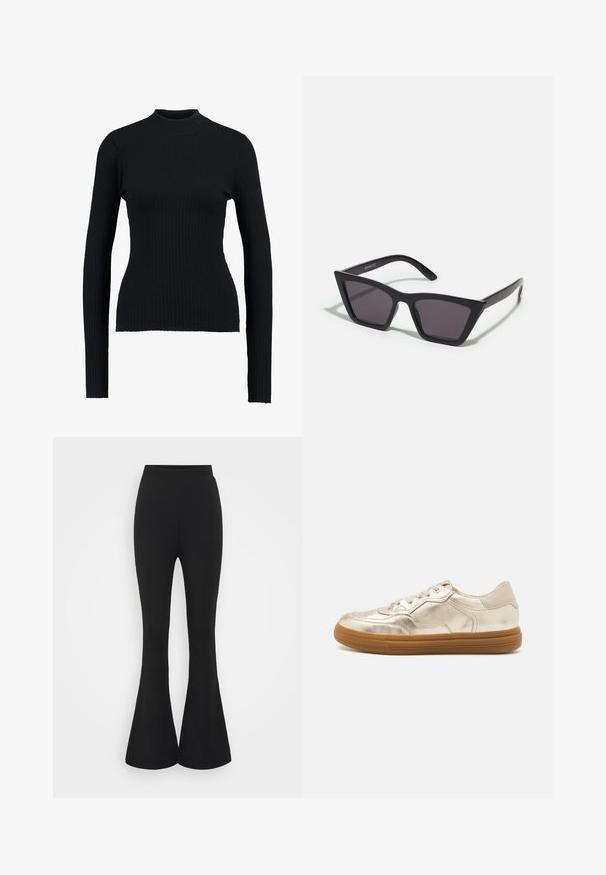 Fekete bordás garbó pulóver hosszú ujjakkal és testhez simuló szabással, sima textúrával és kialakított sziluettel.; Fekete, bővülő nadrág rugalmas anyagból. A dizájn magas derékkal és térd alatt szélesedő szegéllyel rendelkezik.; Fémes arany színű sportcipők sima felülettel, gumitalppal, fűzős elülső résszel és diszkrét perforációkkal az orrán.; Fekete, szögletes napszemüveg szürke lencsékkel; műanyagból készült, vastag karokkal, sima felülettel és látható hardver nélkül.; Fekete bőr kézitáska strukturált dizájnnal, sima felülettel, állítható vállpánttal és elülső fedéllel, amely csat részletet tartalmaz.