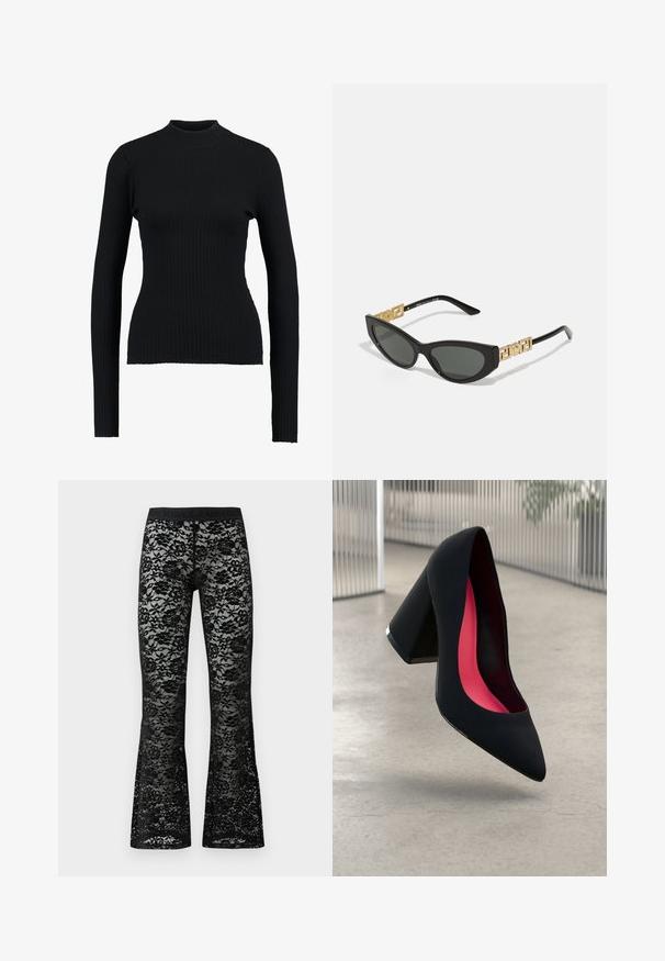 Black ribbed turtleneck sweater with long sleeves and a fitted design, featuring a smooth texture and structured silhouette.; Black lace flared pants with floral pattern, elastic black waistband, sheer texture, and a form-fitting silhouette.; Black high heel shoe with a pointed toe, textured surface, and a vibrant pink interior. Features a chunky heel with silver accent.; Black cat-eye sunglasses with dark lenses, featuring gold geometric accents on the temples and a sleek matte finish.