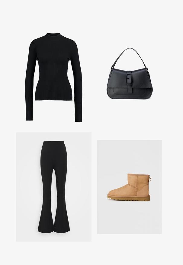 Černý žebrovaný rolák s dlouhými rukávy a přiléhavým střihem, vyznačující se hladkou texturou a strukturovanou siluetou.; Černé rozšířené kalhoty vyrobené z elastického materiálu. Design obsahuje vysoký pas a rozšířený lem, který se otevírá pod kolenem.; Světlé semišové kotníkové boty s kulatou špičkou, prošívanými detaily, poutkem vzadu a texturovanou gumovou podrážkou. Navrženo pro pohodlí a teplo.; Černá kožená kabelka se strukturovaným designem, hladkou texturou, nastavitelným ramenním popruhem a přední klopou s detaily s přezkou.