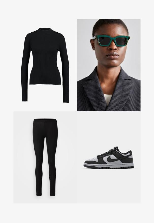 Maglione a collo alto nero a coste con maniche lunghe e design aderente, caratterizzato da una texture liscia e da una silhouette strutturata.; Leggings neri realizzati in un tessuto morbido ed elastico. Hanno una vestibilità aderente, con una vita elastica e una texture liscia e opaca.; Sneaker basse Nike Dunk in nero e grigio con punta forata, dettagli in pelle liscia e suola in gomma con pattern testurizzato.; Occhiali da sole verdi e con motivo, con una montatura geometrica; lenti scure; il modello indossa un blazer nero strutturato sopra una maglietta chiara.; Borsa a spalla nera in materiale sintetico con silhouette curvilinea, finitura testurizzata, logo triangolare dorato e dettagli in metallo removibili.