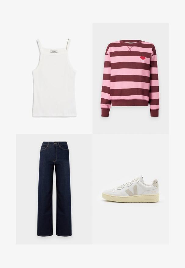 Svetar u bordo i ružičastim prugama s okruglim izrezom i rebrastim manžetama. Ima izvezeni logo crvenih usana s natpisom "PARIS STUDIO".; Bijela majica na tanke naramenice, izrađena od rebrastog pamučnog materijala, s ravnim dekolteom i čistim završetkom na rubu.; Tamno plave široke traperice izrađene od denima, s visokim strukom, četiri džepa i kontrastnim šavovima.; Bijele kožne tenisice s bež nubuk naglascima, perforiranim prednjim dijelom, ravnim čipkama i teksturiranom kremastom potplatom. Sadrži suptilni brend na pete.
