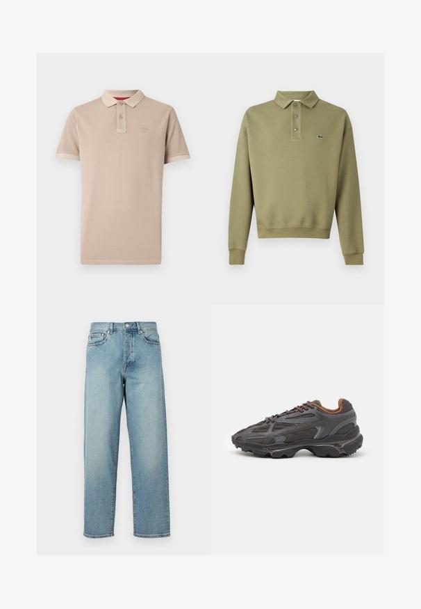 Olijfgroene sweatshirt met een kraag, drie knopen en geribbelde mouwen. Bevat een klein logo aan de linkerkant.; Beige polo-shirt gemaakt van zachte stof, met een klassieke kraag, een twee-knopen sluiting, korte mouwen en een subtiel logo op de borst.; Lichtblauwe denim jeans met een losse pasvorm, rechte pijpen, een vijfzakkenontwerp en een knoopsluiting bij de taille. Minimalistische stikdetails.; Lacoste sneakers in donkergrijs van mesh en synthetisch materiaal, met een gestructureerde zool en bruine accenten op de kraag en branding.