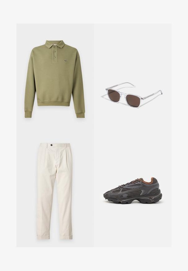 Felpa verde oliva con colletto, patta con tre bottoni e polsini a costine. Presenta un piccolo logo sul lato sinistro.; Pantaloni color crema con vestibilità aderente, dotati di chiusura con un solo bottone, frontale plissettato e orli con risvolto. Realizzati in tessuto leggero.; Sneaker Lacoste grigie scure in materiale mesh e sintetico, con suola testurizzata e dettagli marroni sul colletto e sul branding.; Occhiali da sole trasparenti in plastica con lenti rettangolari marroni, dotati di sottili aste trasparenti e dettagli in metallo sulle tempie.