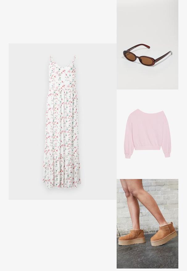 Sweatshirt rosa off-the-shoulder com mangas longas tipo balão e cintura ajustada. Textura suave com punhos canelados. Sem padrões ou acessórios.; Vestido maxi floral com alças finas, tecido branco com flores rosas e azuis, e uma bainha em camadas e com babados. Material de algodão leve.; Botas de cano baixo em camurça castanha com um forro felpudo, sola de plataforma espessa em bege e puxador na parte de trás. Superfície texturizada com detalhes de costura visíveis.; Óculos de sol redondos, com uma tonalidade castanha e uma armação glossy em bordeaux. Braços finos com um detalhe discreto de marca. Design de lentes planas.; Saco tote rosa feito de material texturizado, com duas alças longas e um logótipo estampado na frente. Fecho superior com zíper.